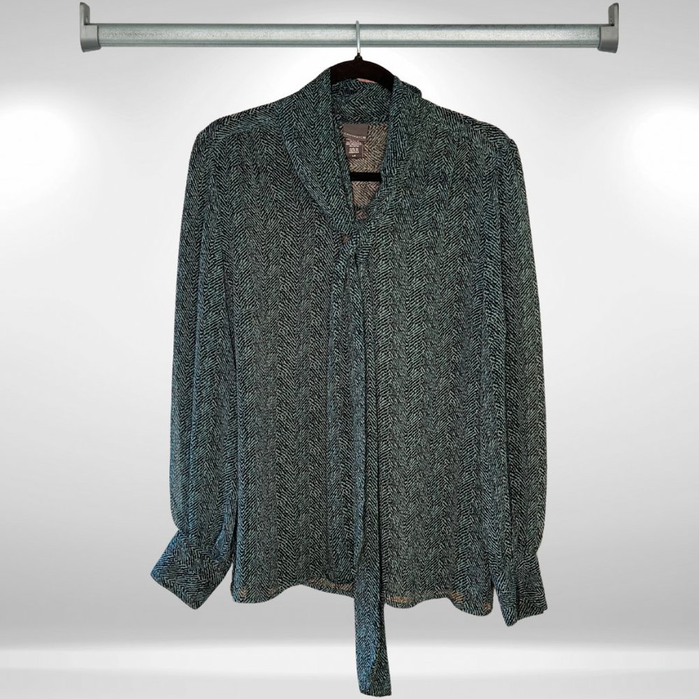 Covington Sheer Button Front Tie Neck Black & Dark Green Long Sleeve Blouse